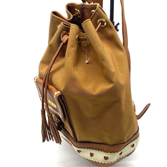 MOSCHINO TAN CANVAS LEATHER TASSEL GOLD HEART DRAWSTRING VINTAGE BACKPACK LARGE - Picture 5 of 10